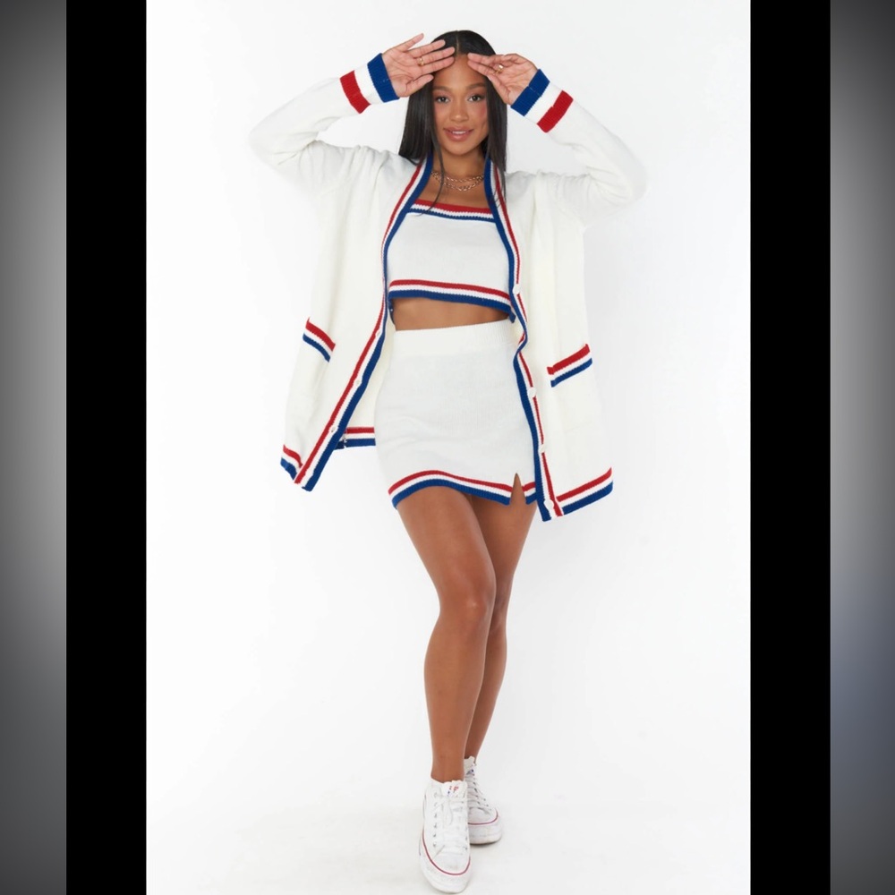 Show Me Your MuMu White Cardigan with Red and Blue Trim